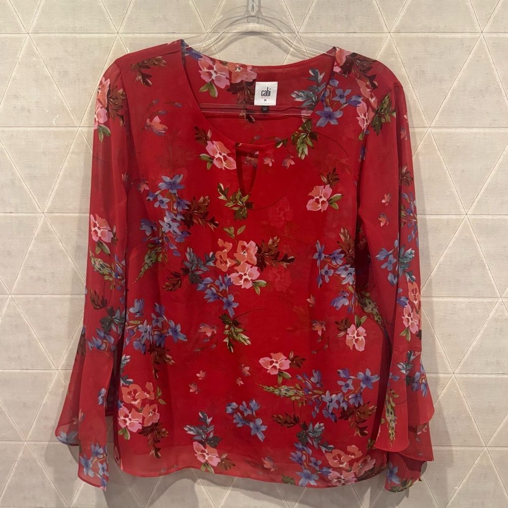 CAbi Devoted Floral Bell Sleeve Blouse Red Size Medium Style 3590